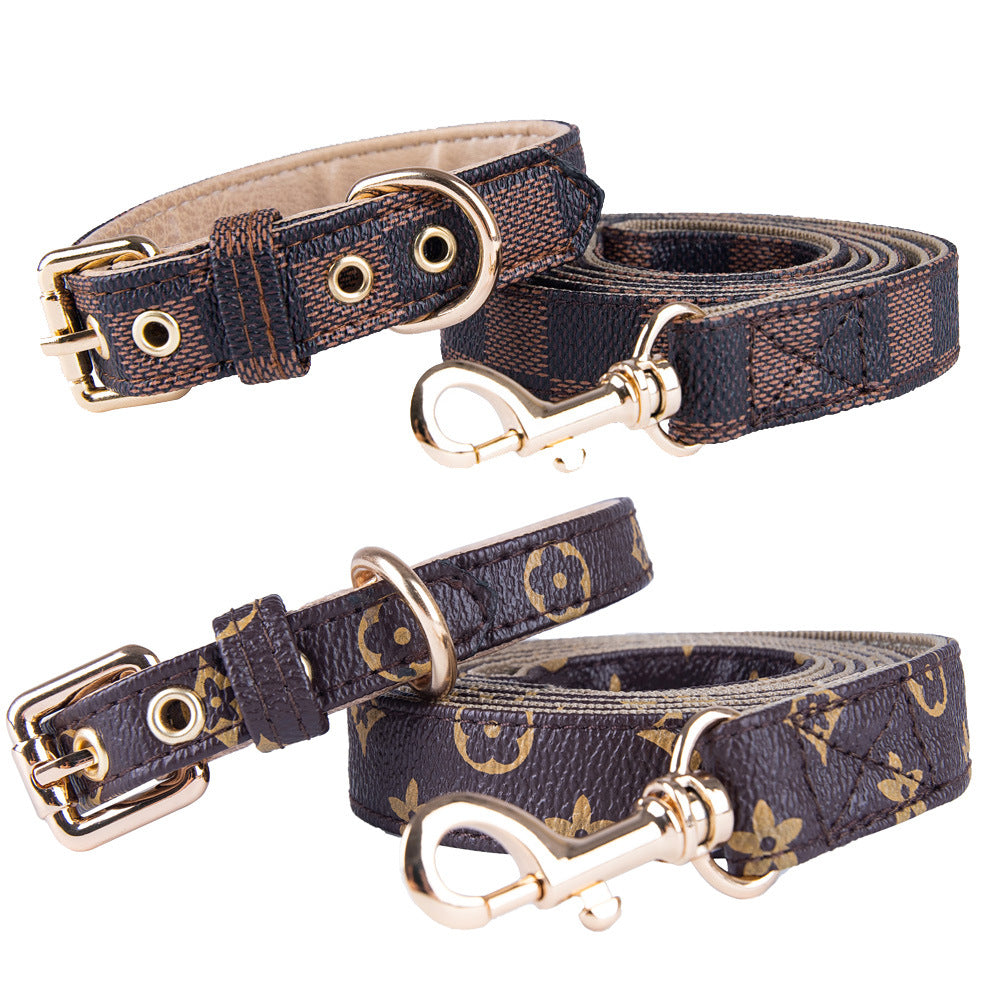 Old Flower Pet Collar PU Leather Dog Collar Traction Rope Cat Traction Collar Dog Walking Rope Anti-String Wear