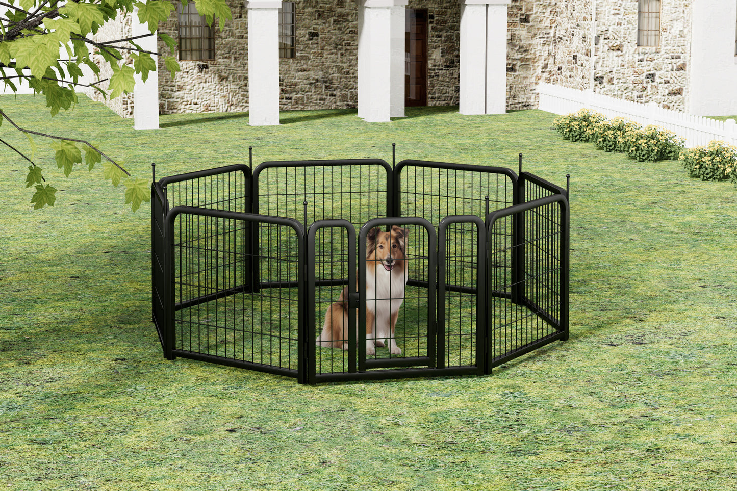 Outdoor dog fence, 8-piece board dog fence. 31 inch portable pet sports fence. Black, 26.3 inches wide x 31.5 inches high.