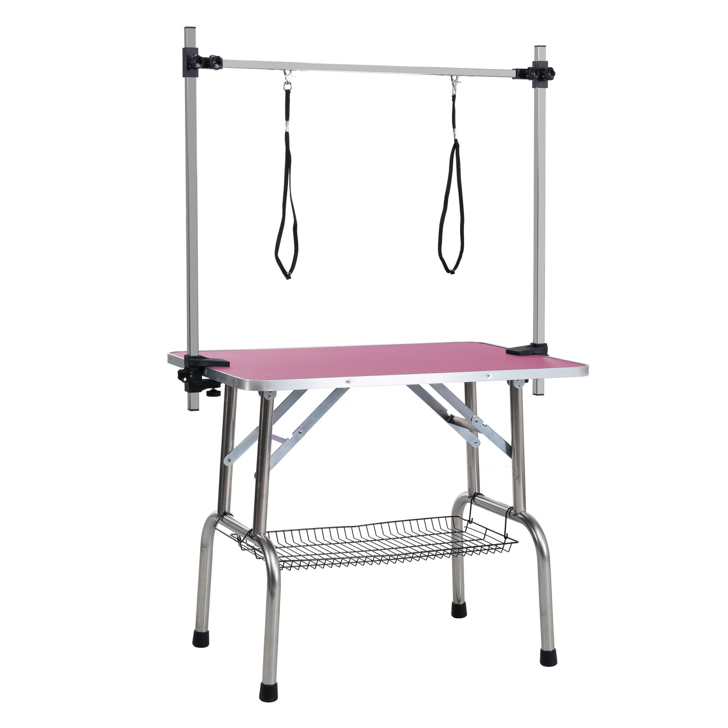 36 inch folding pet grooming table with stainless steel frame and rubber pad, equipped with adjustable armrests and clips (pink)