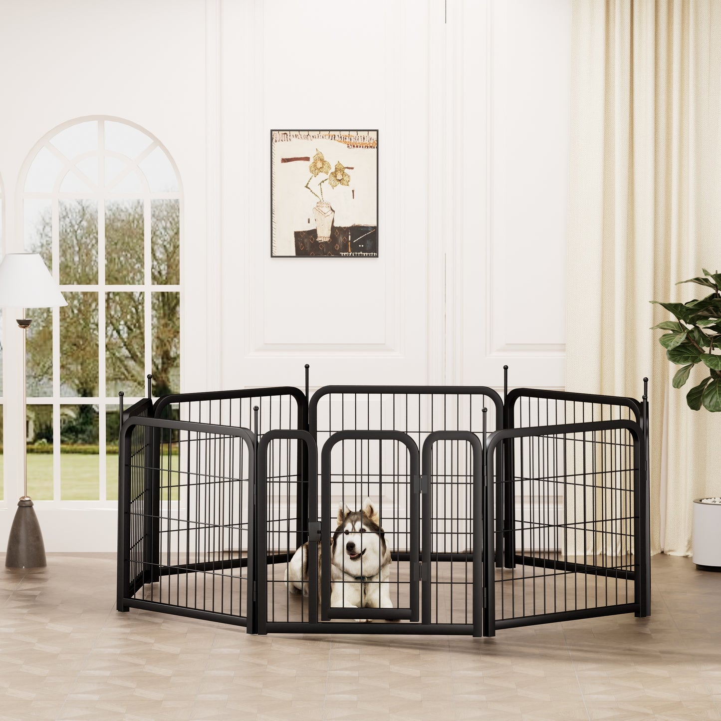 8-panel dog fence, 24 inch small dog pet fence, portable indoor pet game fence. Black, 22.2 inches wide x 23.6 inches high.