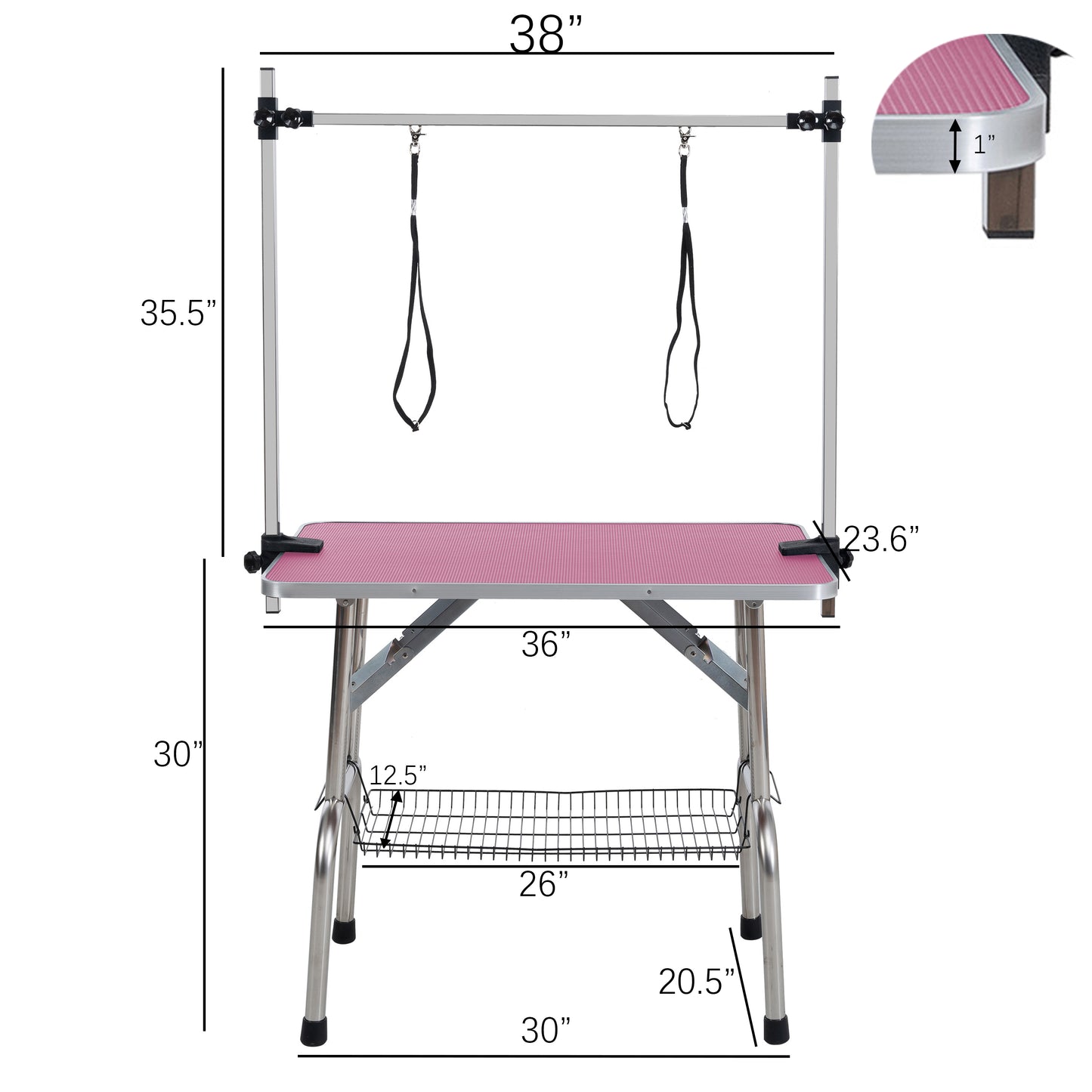 36 inch folding pet grooming table with stainless steel frame and rubber pad, equipped with adjustable armrests and clips (pink)