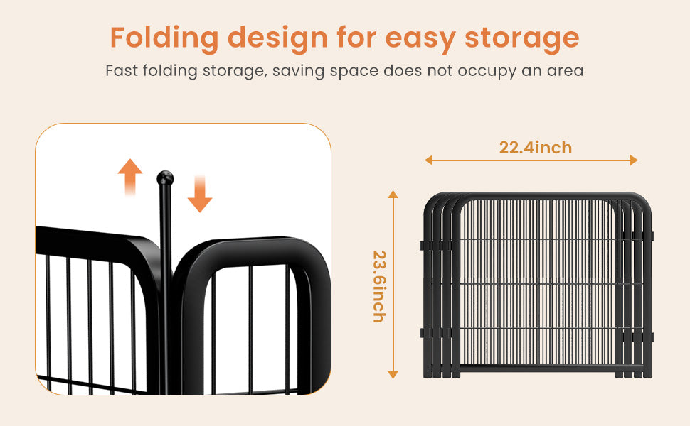 8-panel dog fence, 24 inch small dog pet fence, portable indoor pet game fence. Black, 22.2 inches wide x 23.6 inches high.