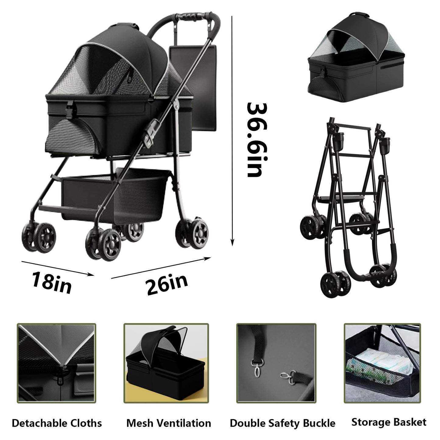 2-in-1 folding dog cart, pet folding cart, four-wheel dog/cat cart, waterproof pad, car seat, sun visor