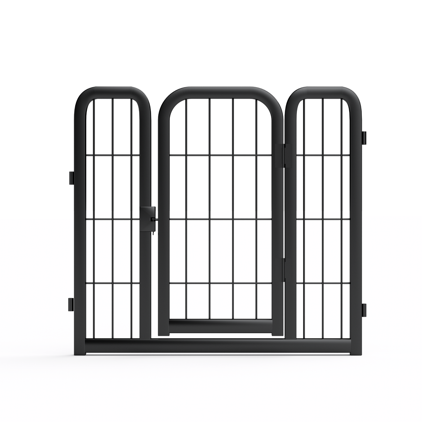 8-panel dog fence, 24 inch small dog pet fence, portable indoor pet game fence. Black, 22.2 inches wide x 23.6 inches high.