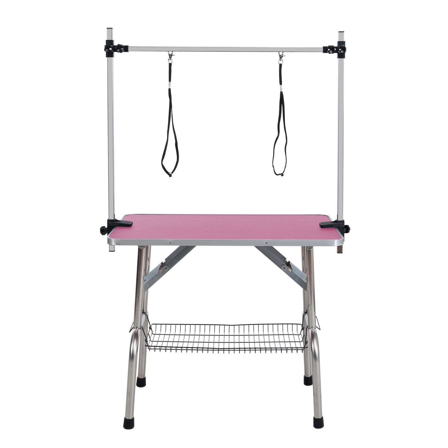 36 inch folding pet grooming table with stainless steel frame and rubber pad, equipped with adjustable armrests and clips (pink)