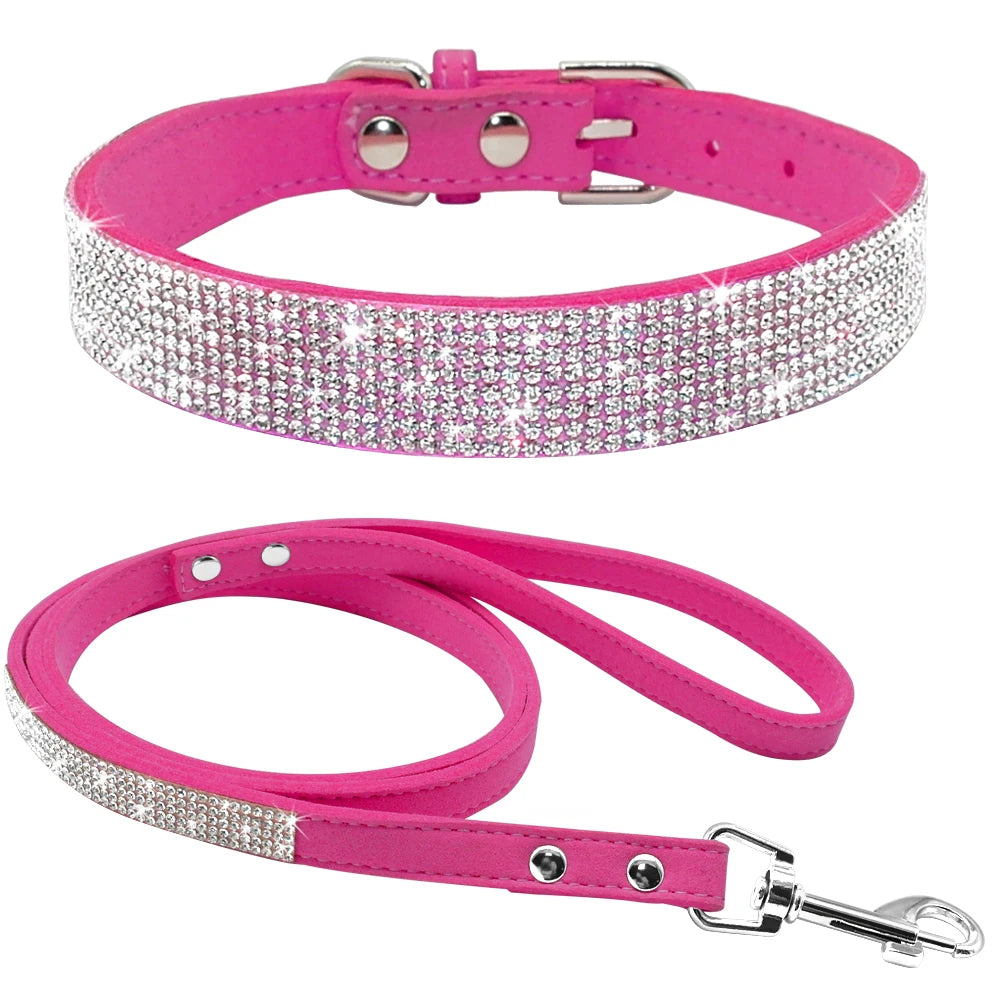 Adjustable Suede Leather Puppy Dog Collar Leash Set Soft Rhinestone