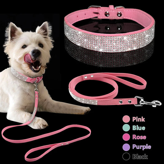 Adjustable Suede Leather Puppy Dog Collar Leash Set Soft Rhinestone