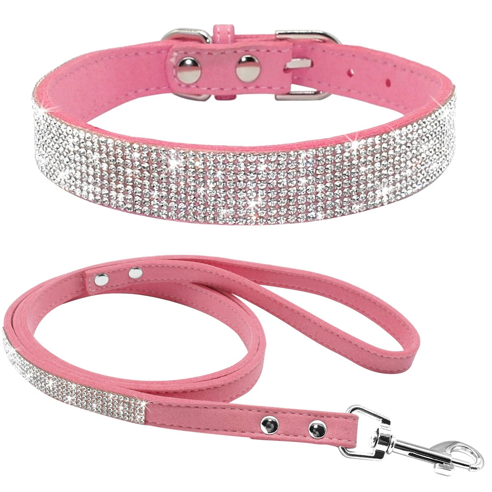 Adjustable Suede Leather Puppy Dog Collar Leash Set Soft Rhinestone