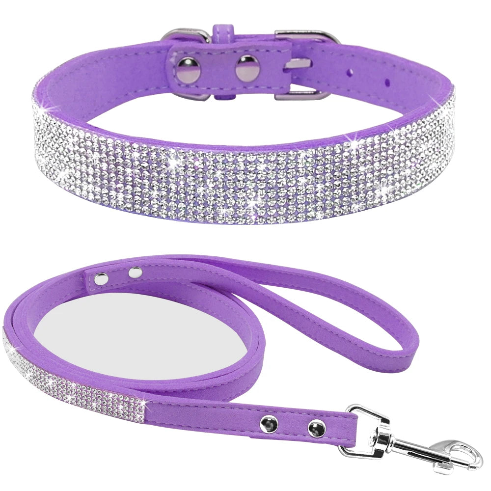 Adjustable Suede Leather Puppy Dog Collar Leash Set Soft Rhinestone